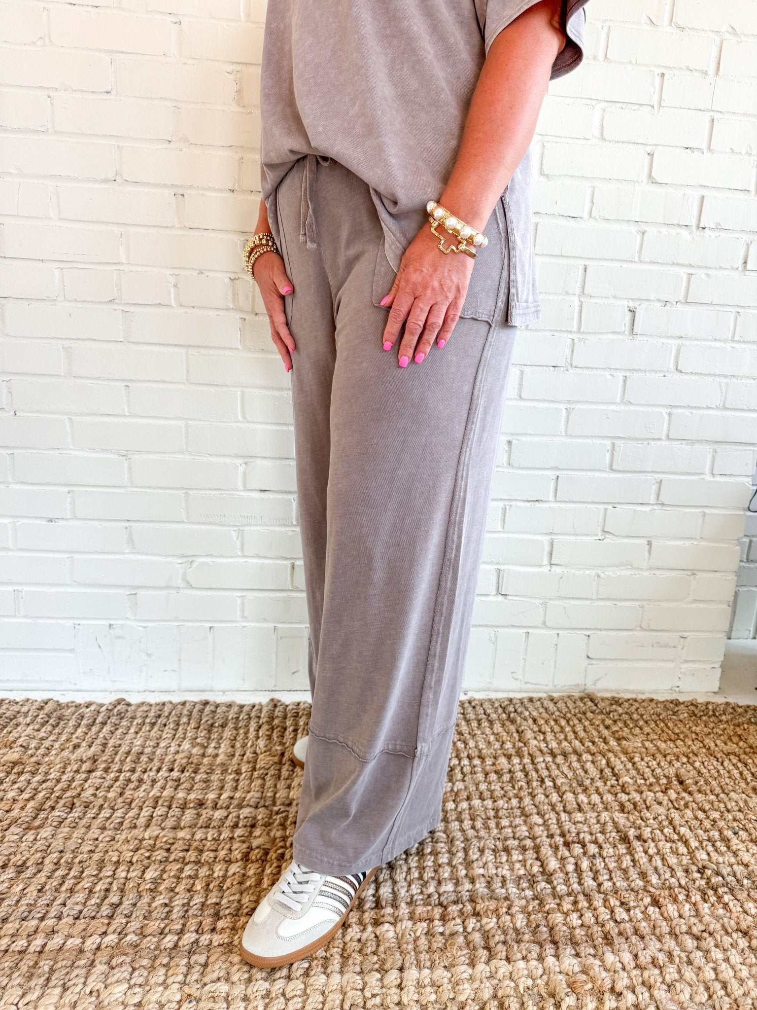 Mocha Mineral Wash Wide Leg Pant - Blissful Boutique