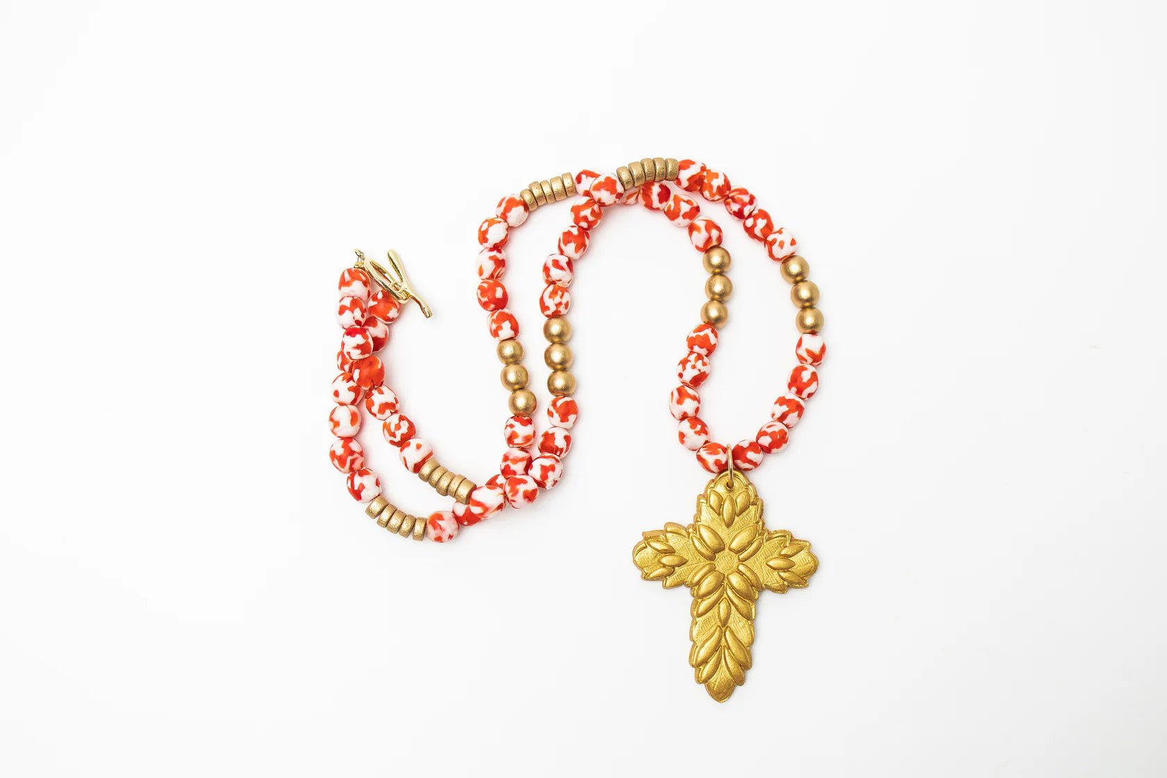 Red & White African Glass with Acts Cross - Blissful Boutique