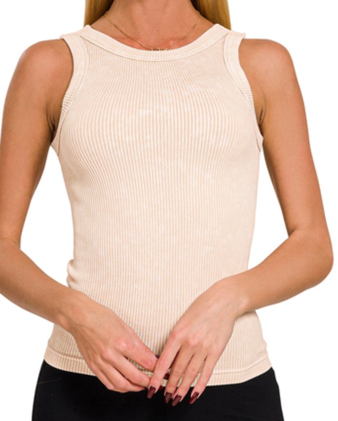 2 WAY NECKLINE WASHED RIBBED CROPPED TANK TOP - Blissful Boutique