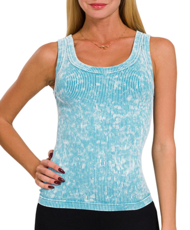 2 WAY NECKLINE WASHED RIBBED CROPPED TANK TOP - Blissful Boutique