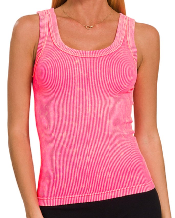 2 WAY NECKLINE WASHED RIBBED CROPPED TANK TOP - Blissful Boutique