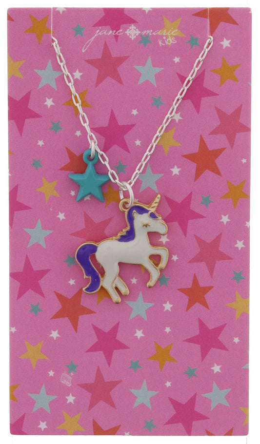Kids Mini Turquoise Star, White and Purple Enamel Unicorn Necklace