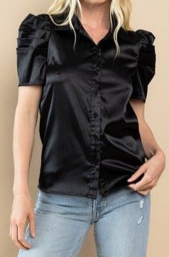 Black Satin Button Down - Blissful Boutique