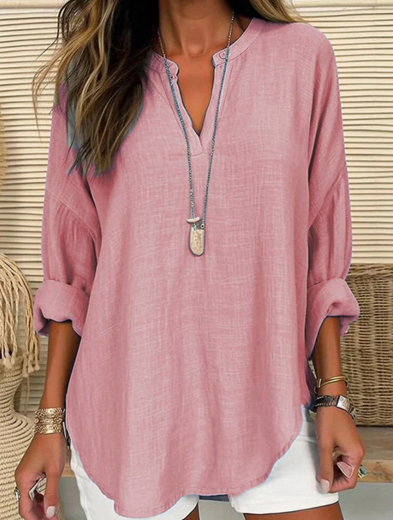 Blouse Linen Long Sleeve Casual V Neck Top (Multiple Colors) - Blissful Boutique