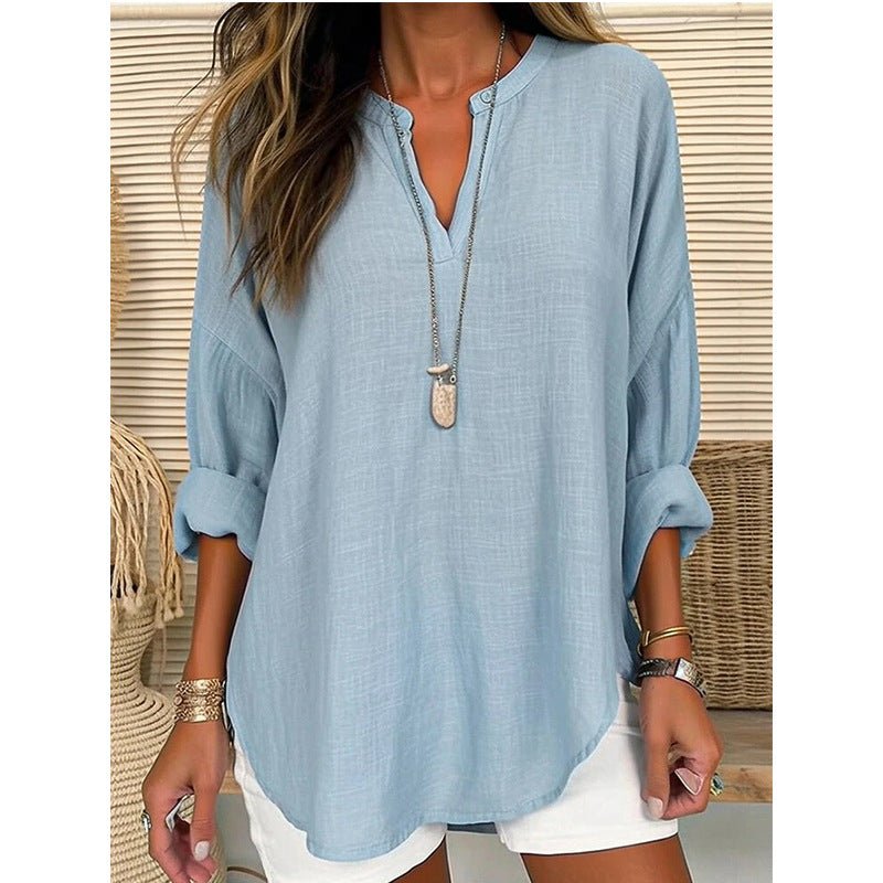 Blouse Linen Long Sleeve Casual V Neck Top (Multiple Colors) - Blissful Boutique