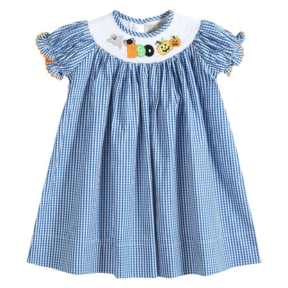 Blue Gingham Halloween Boo Smocked Bishop Dress - Blissful Boutique