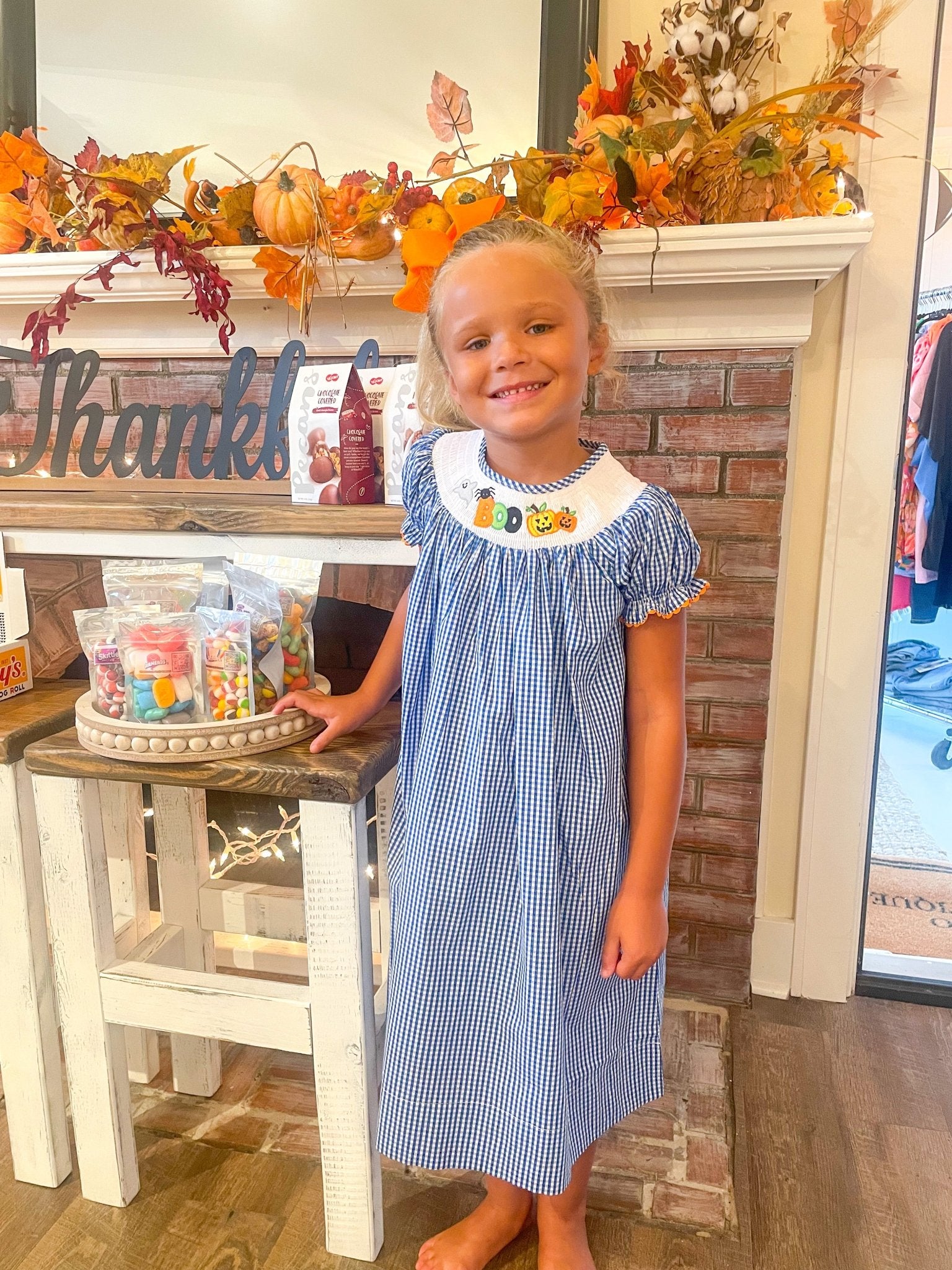 Blue Gingham Halloween Boo Smocked Bishop Dress - Blissful Boutique