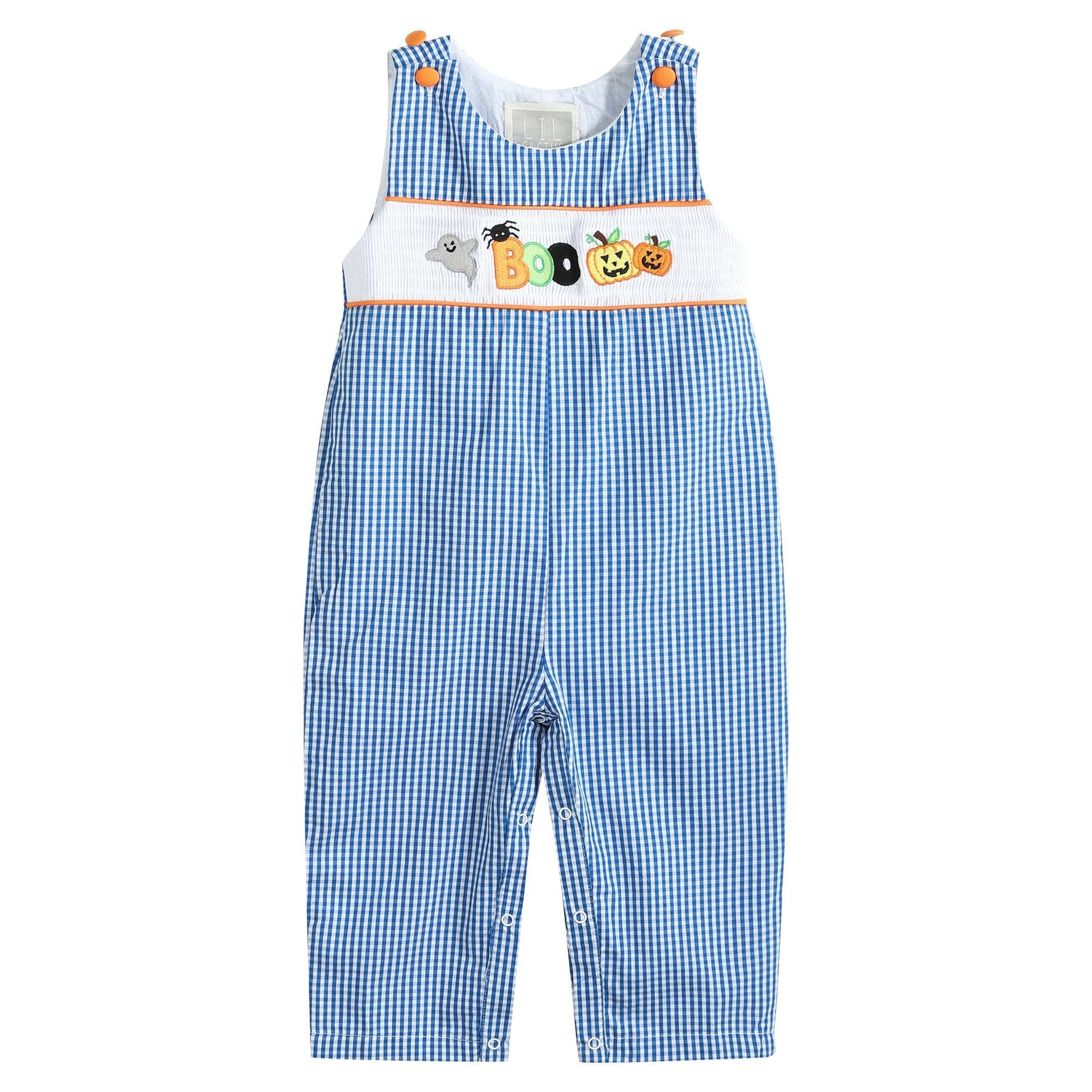 Blue Gingham Halloween Boo Smocked Overalls - Blissful Boutique