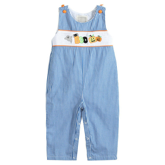 Blue Gingham Halloween Boo Smocked Overalls - Blissful Boutique