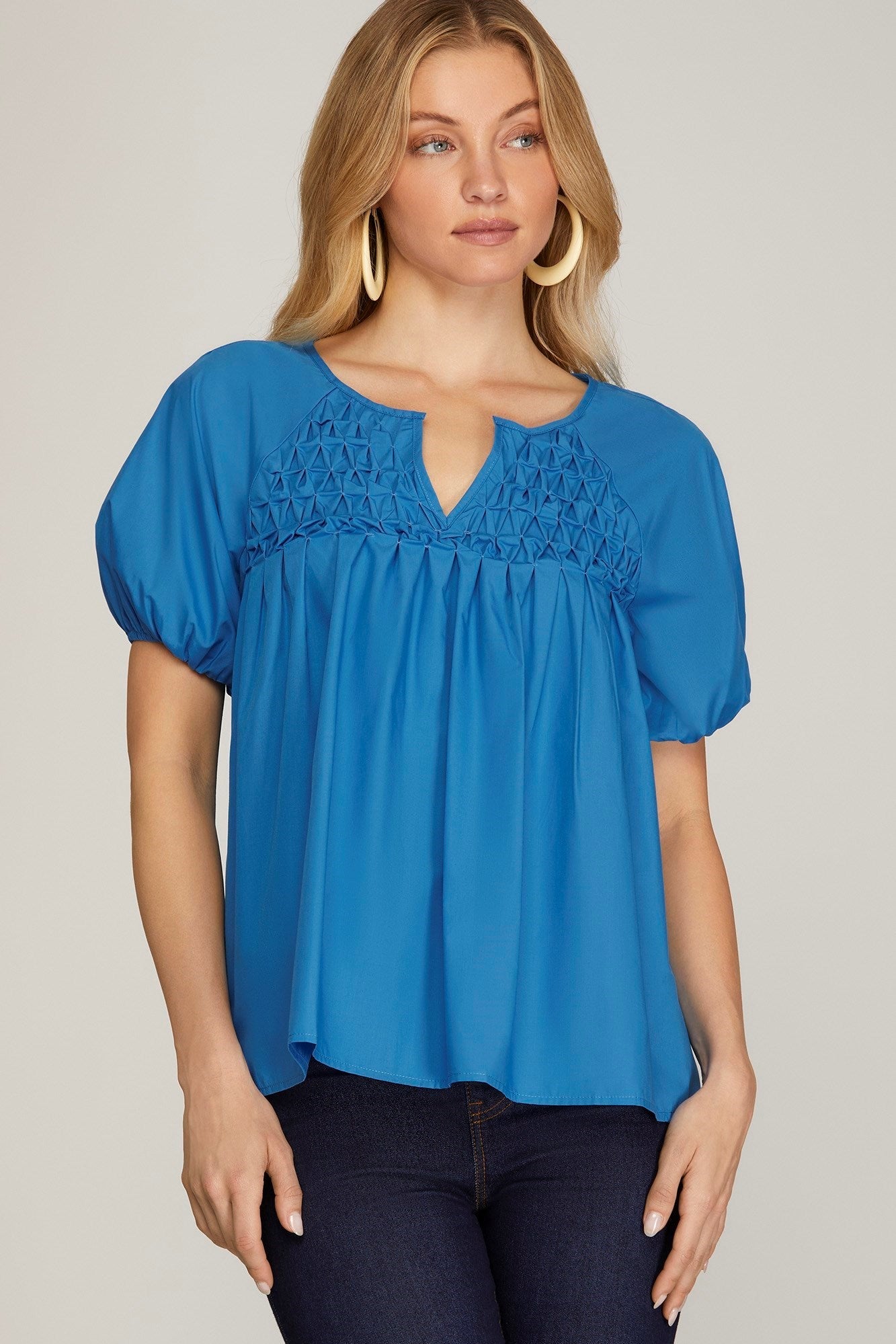 Blue Textured V Neck - Blissful Boutique