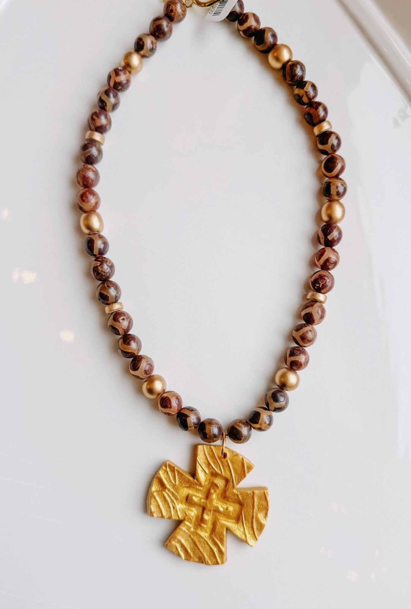 Brown Tibetan Agate Cross Necklace - Blissful Boutique