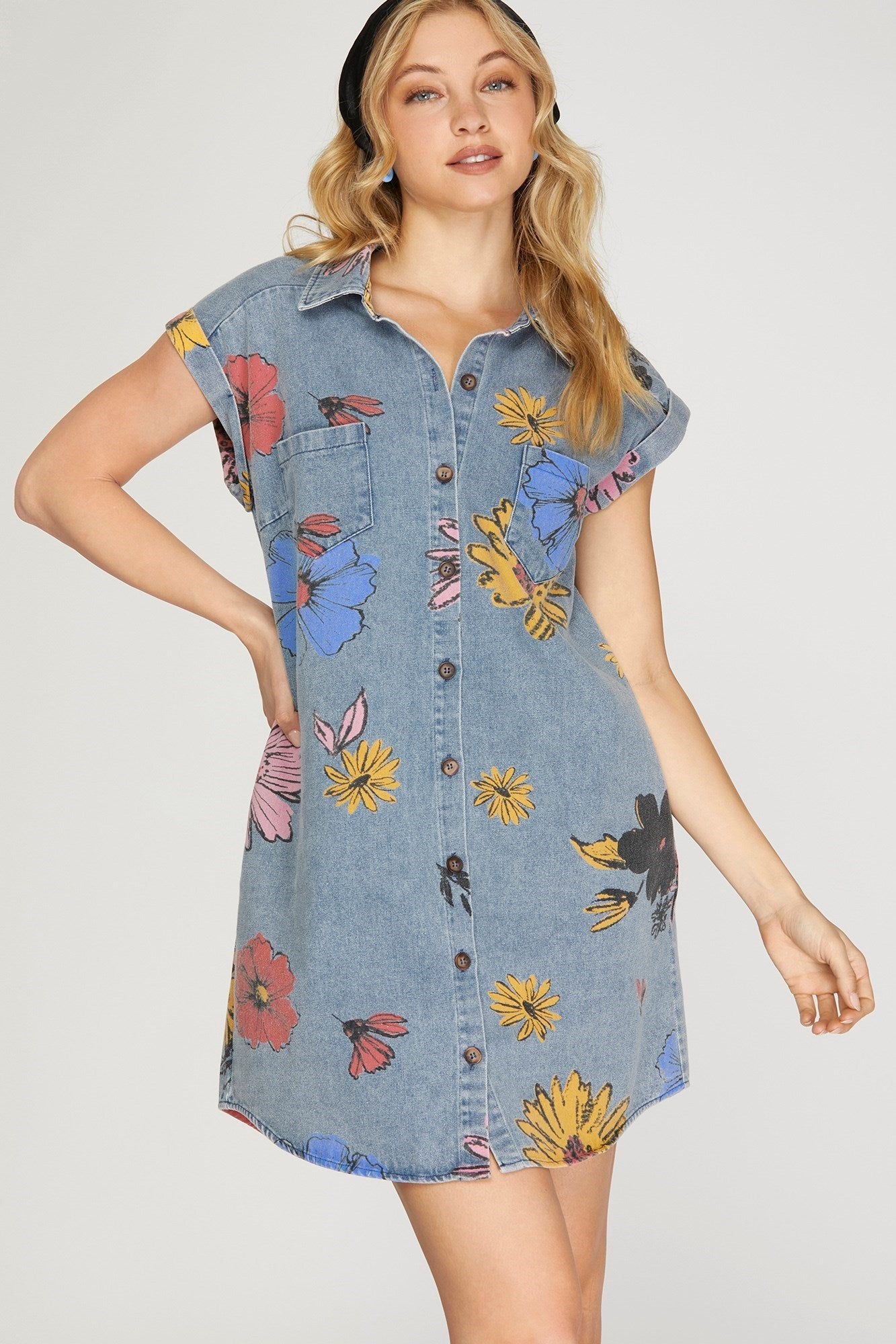 Button Down Floral Print Denim Shirt Dress - Blissful Boutique