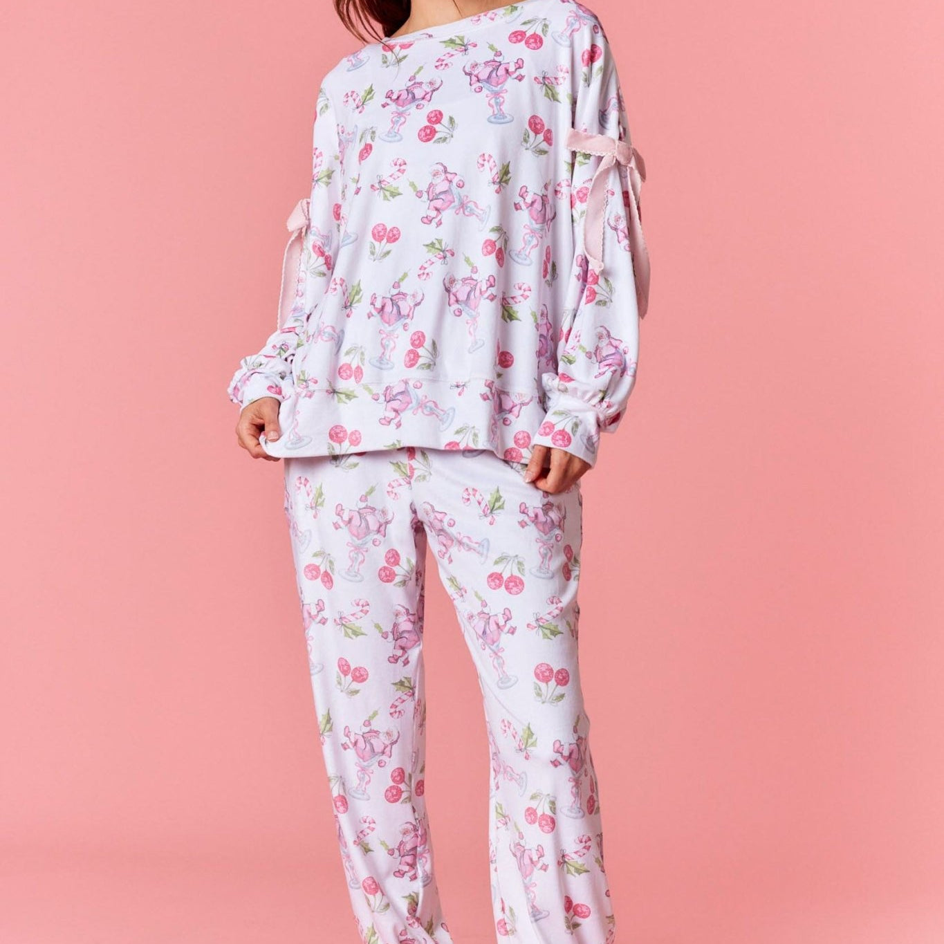 Cherry with Santa Velour Pajamas - Blissful Boutique