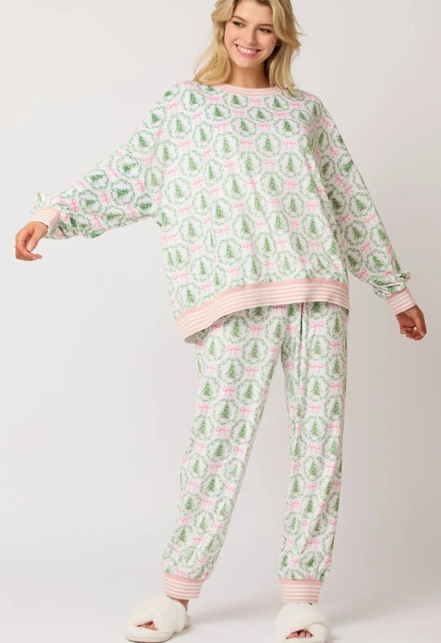 Christmas Tree and Bow Print Loungewear - Blissful Boutique