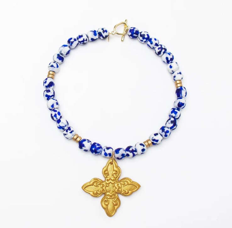 Cobalt Blue and White African Glass with Kait Cross - Blissful Boutique