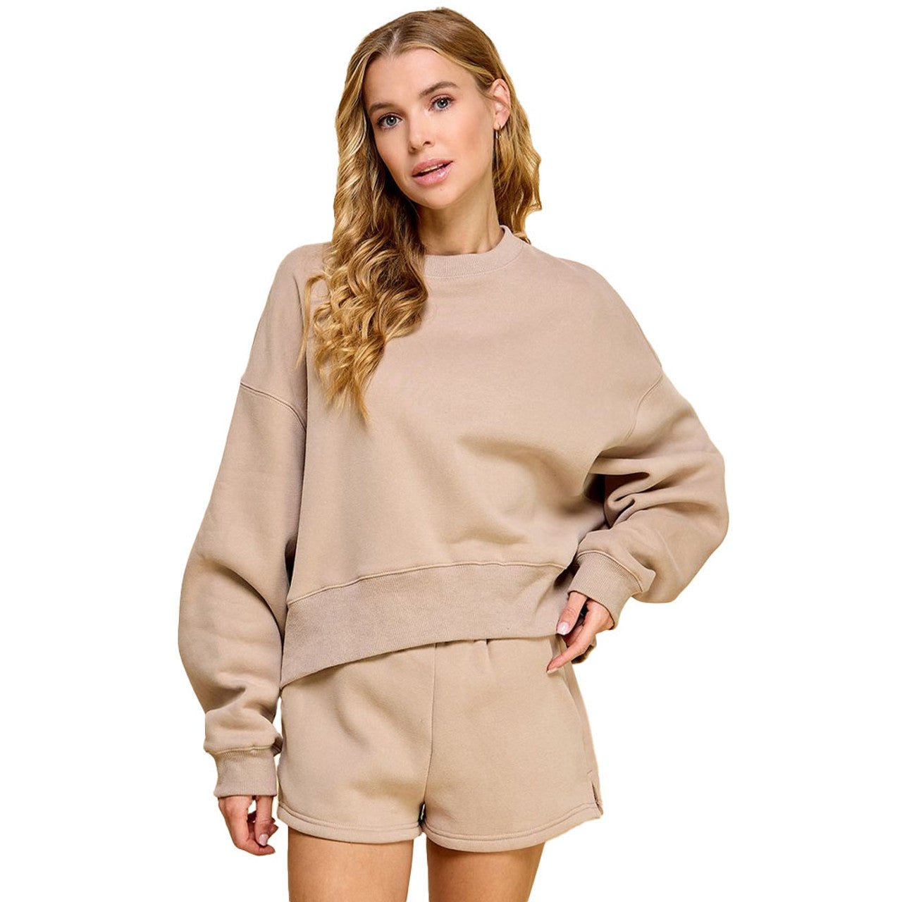 Dropped Shoulder Sweater Shirt and High Waisted Sweat Short Set - Blissful Boutique