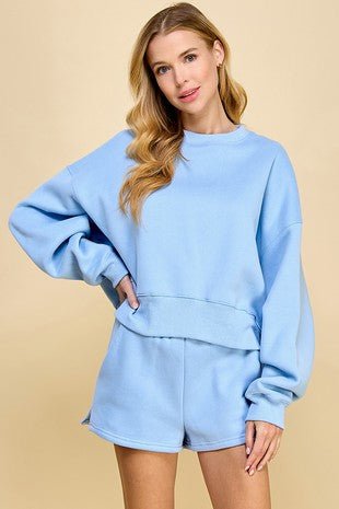 Dropped Shoulder Sweater Shirt and High Waisted Sweat Short Set - Blissful Boutique