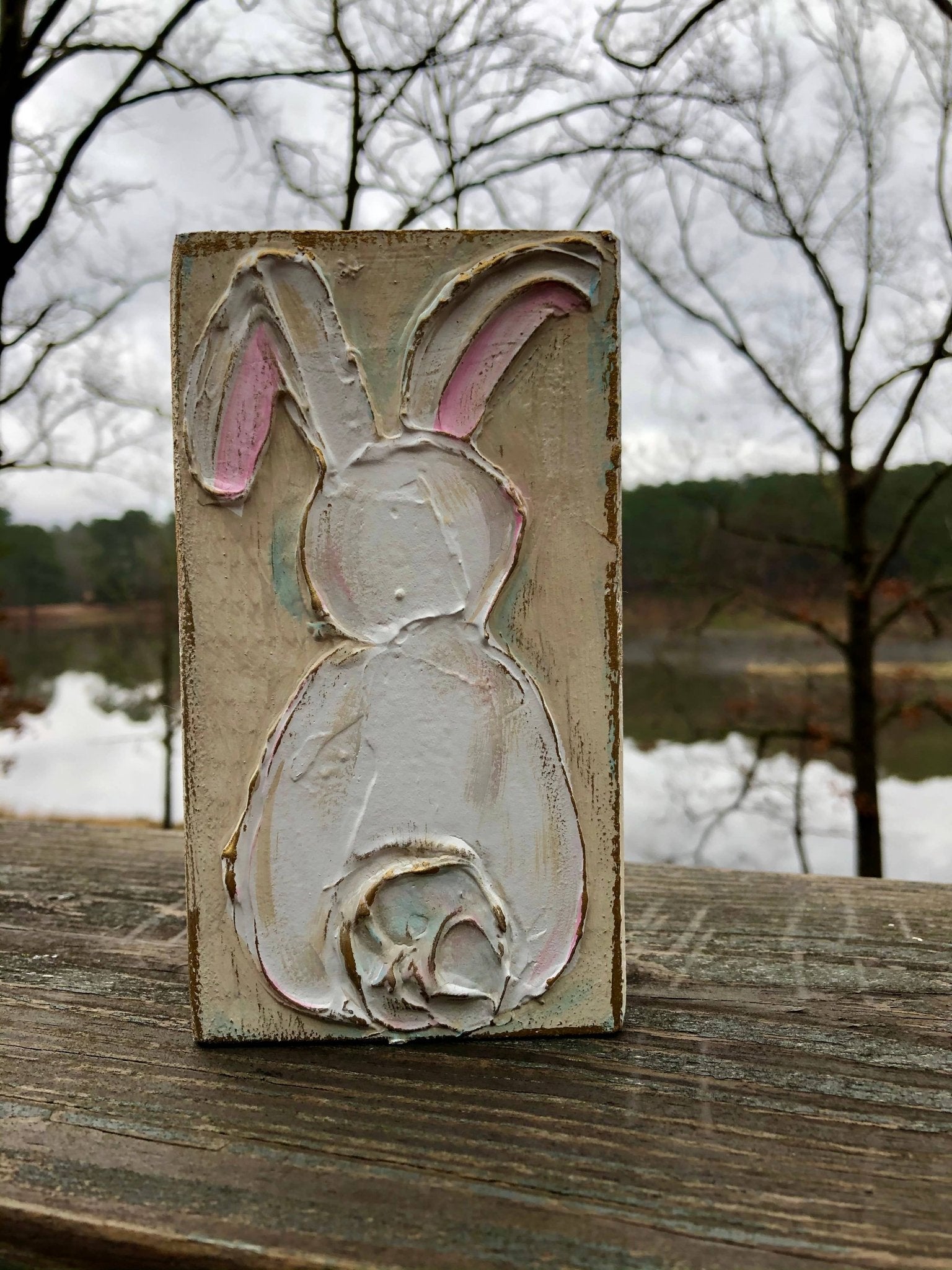 Easter Bunny Rabbit handmade textured wood block - Blissful Boutique