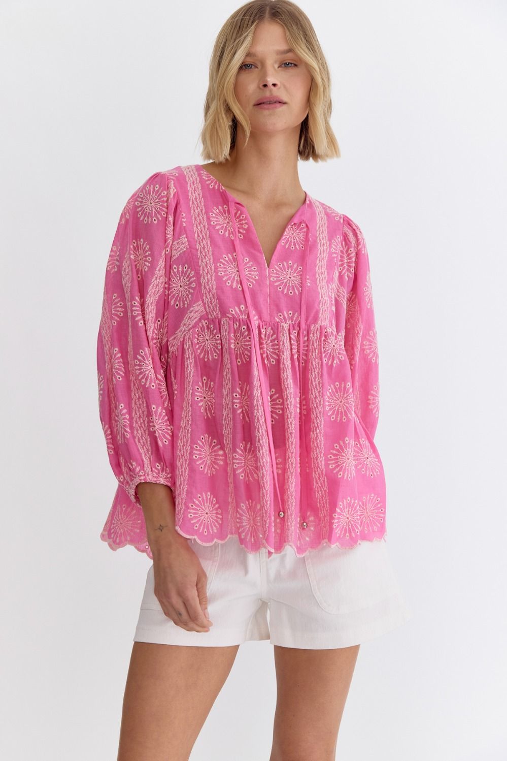 Pink Embroidered 3/4 Sleeve Top