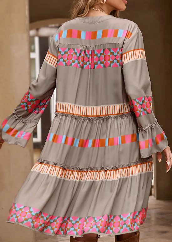 Ethnic Print Button Ruffle Dress - Blissful Boutique