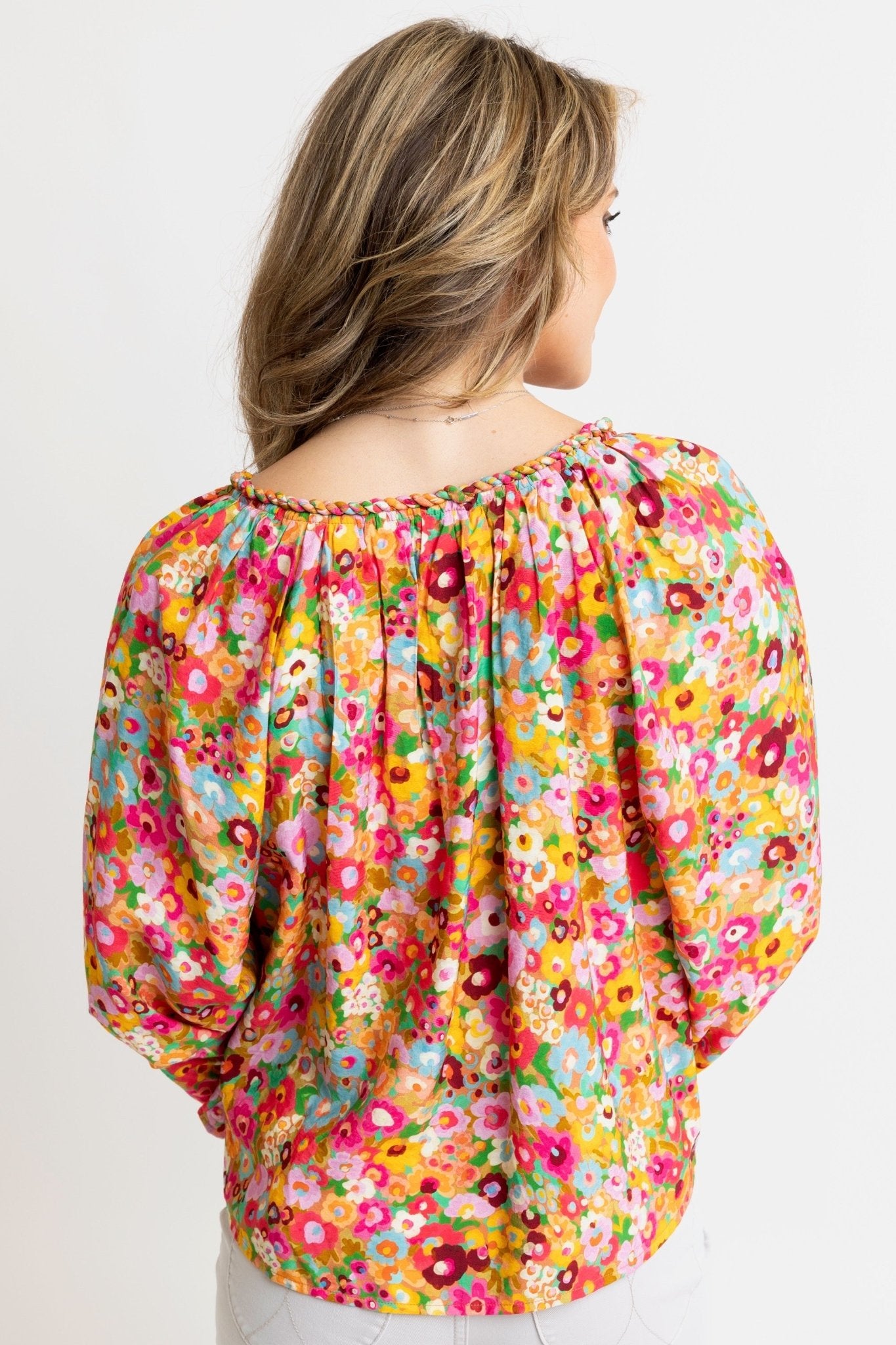 Floral Garden Vneck Rope Trim Top - Blissful Boutique