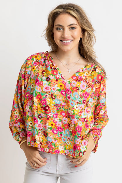 Floral Garden Vneck Rope Trim Top - Blissful Boutique