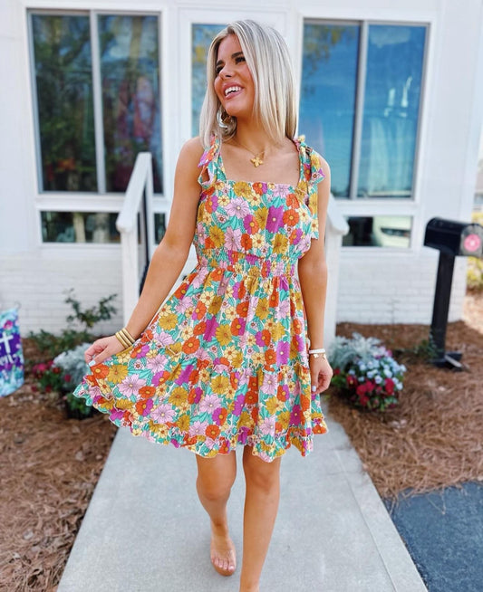 Floral Print A - Line Ruffle Dress with Adjustable Tie Strap - Blissful Boutique