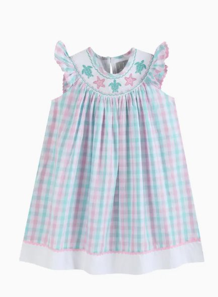 Gingham Turtle Smocked Bishop Dress - Blissful Boutique