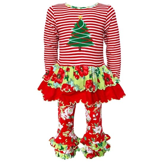 Girls Christmas Tree Candy Cane Stripe Floral Ruffle Outfit - Blissful Boutique