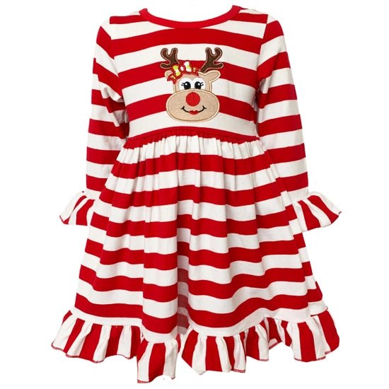 Girls Red Stripe Christmas Rudolf the Reindeer Swing Dress - Blissful Boutique