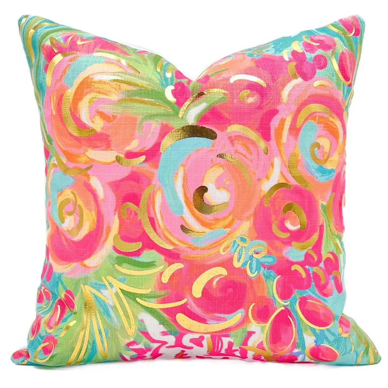 Gold Foil Jewel Chinoiserie Blooms Pillow - Blissful Boutique