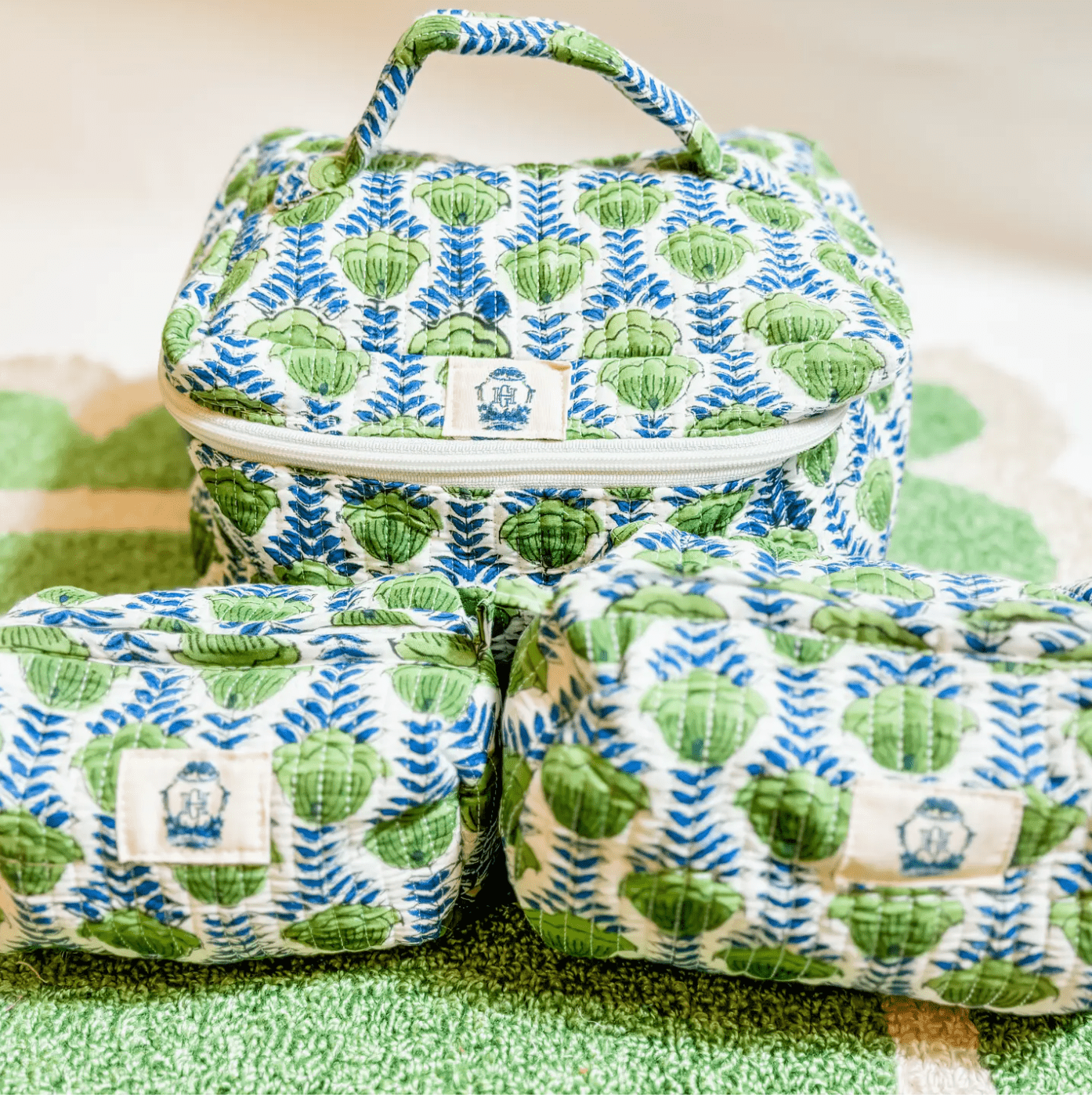 Green Blooms Set of 3 Cosmetic Bags - Blissful Boutique