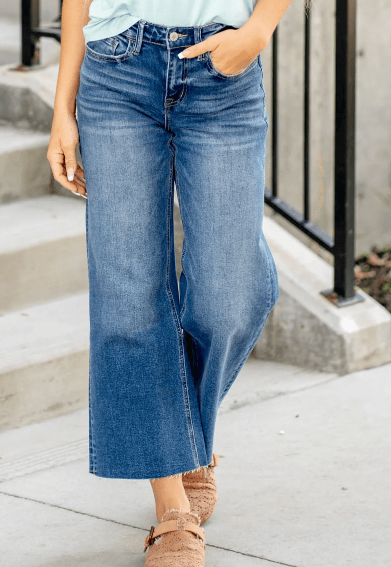 High Rise Raw Hem Crop Wide Leg Jeans - Blissful Boutique