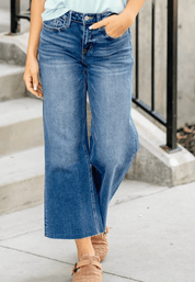 High Rise Raw Hem Crop Wide Leg Jeans - Blissful Boutique