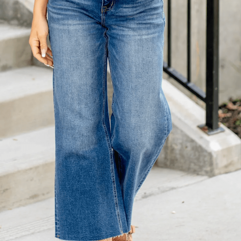 High Rise Raw Hem Crop Wide Leg Jeans - Blissful Boutique