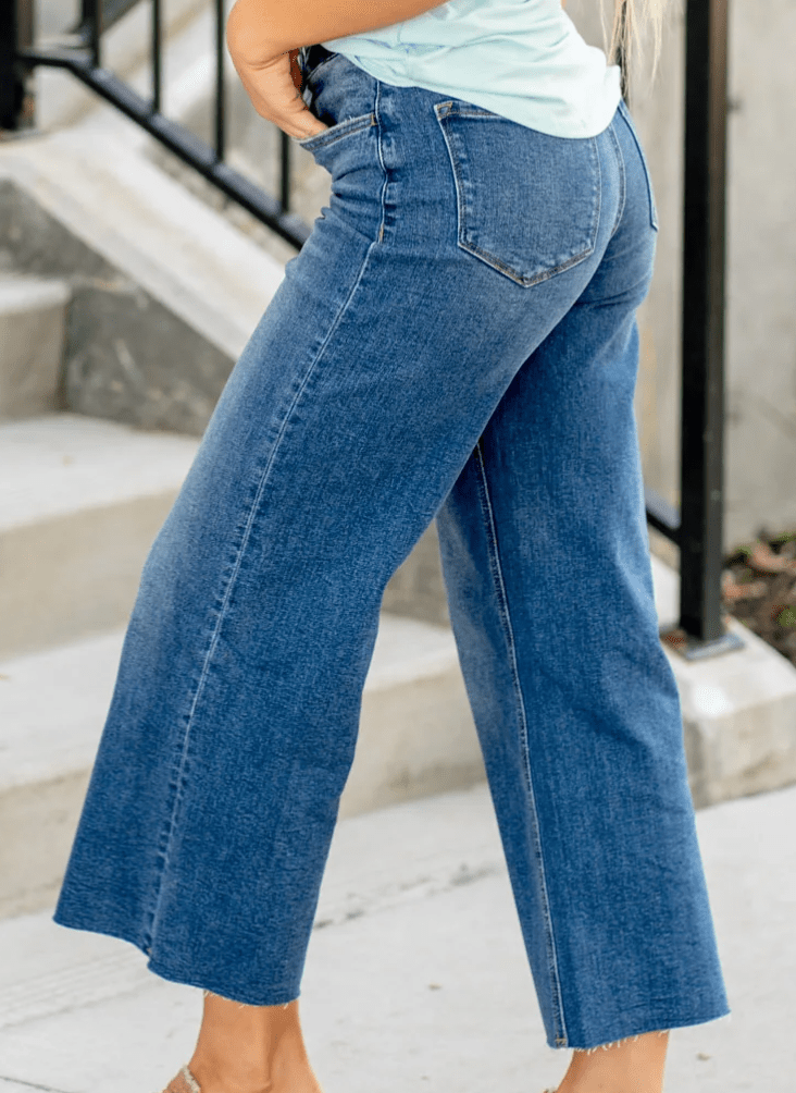 High Rise Raw Hem Crop Wide Leg Jeans - Blissful Boutique