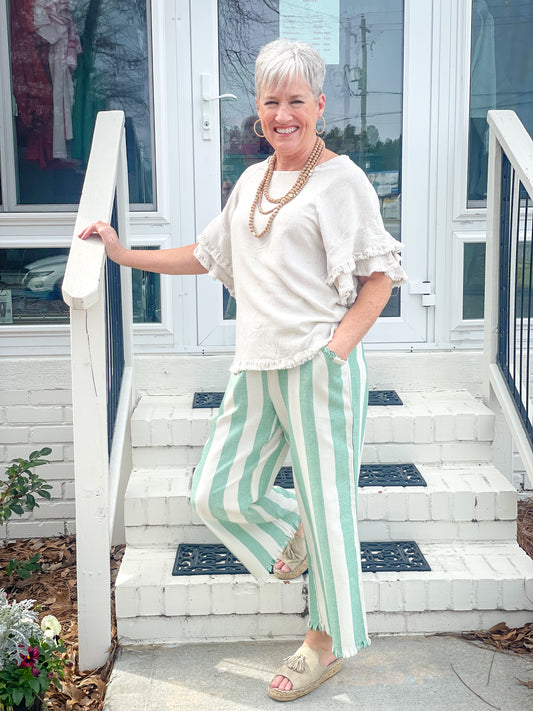 Striped Pants with Frayed Hem and Side Pockets