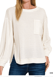 Ivory 3/4 V - Neck Hi - Low Jaquard Sweater - Blissful Boutique