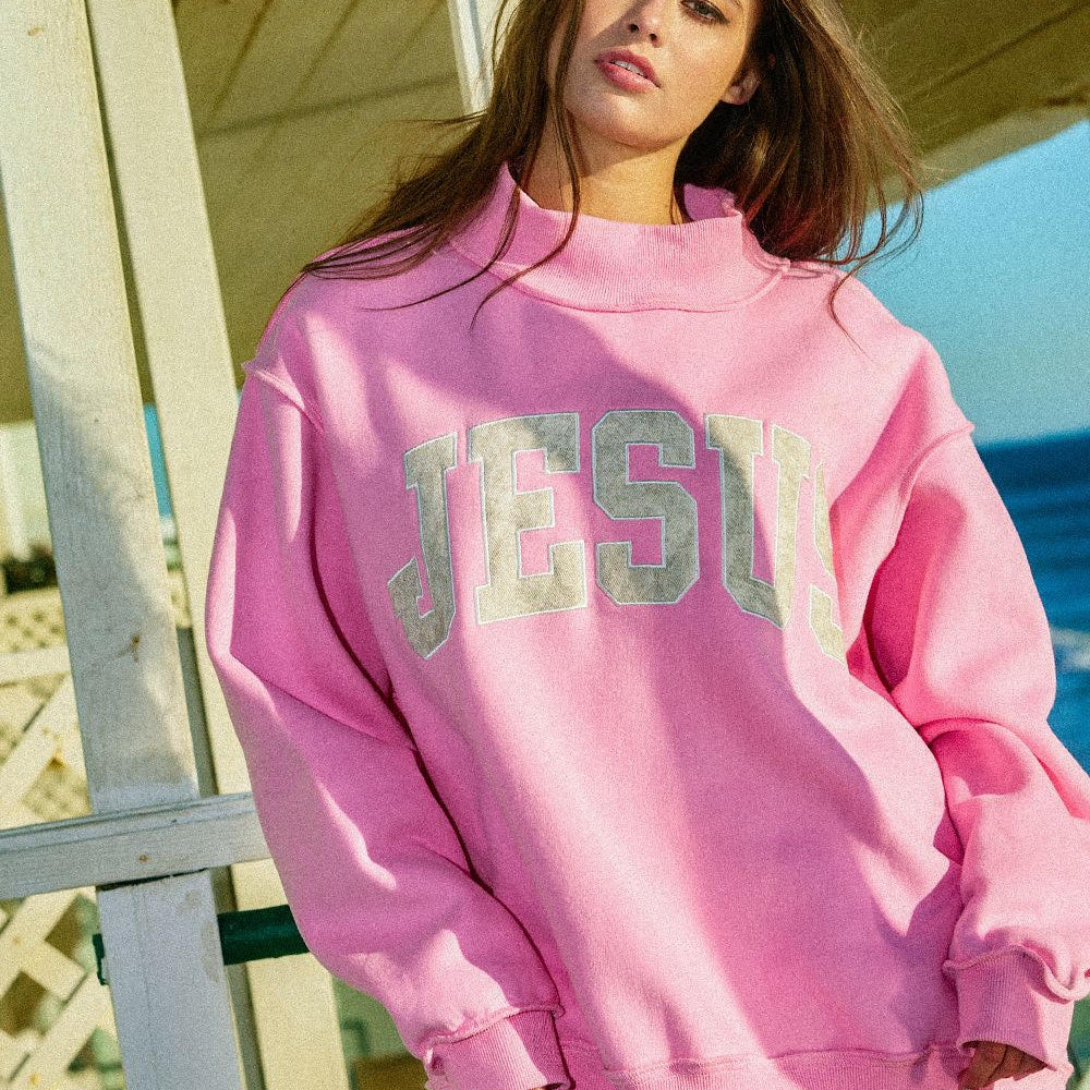 Jesus Embroidered Mock Neck Sweatshirt - Blissful Boutique