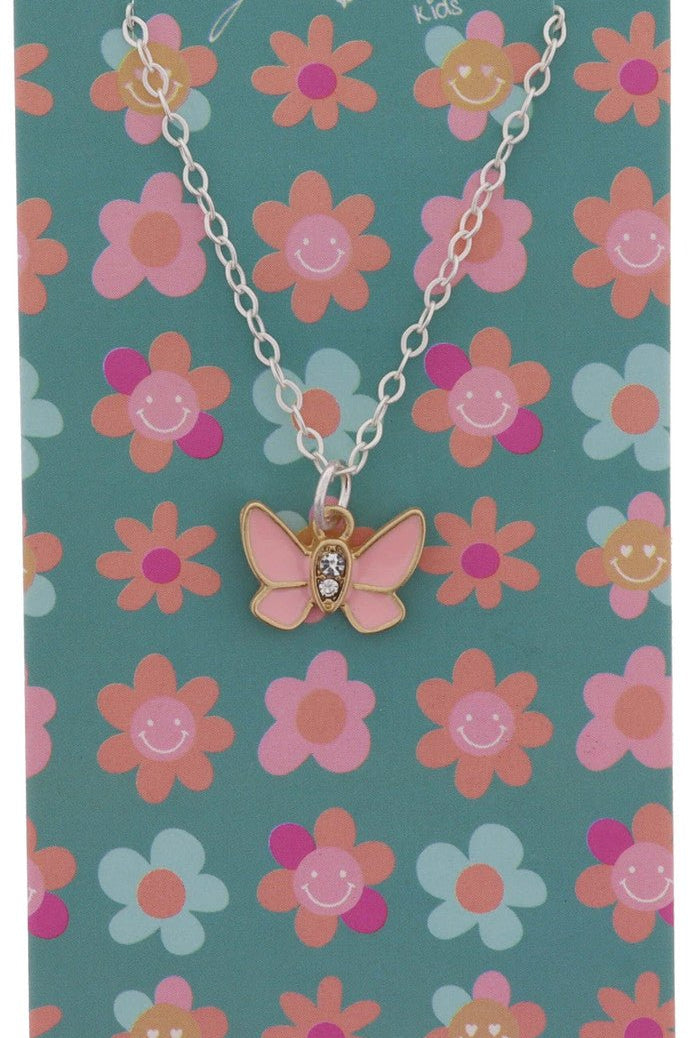 Kids Light Pink Enamel and Crystal Butterfly Necklace - Blissful Boutique