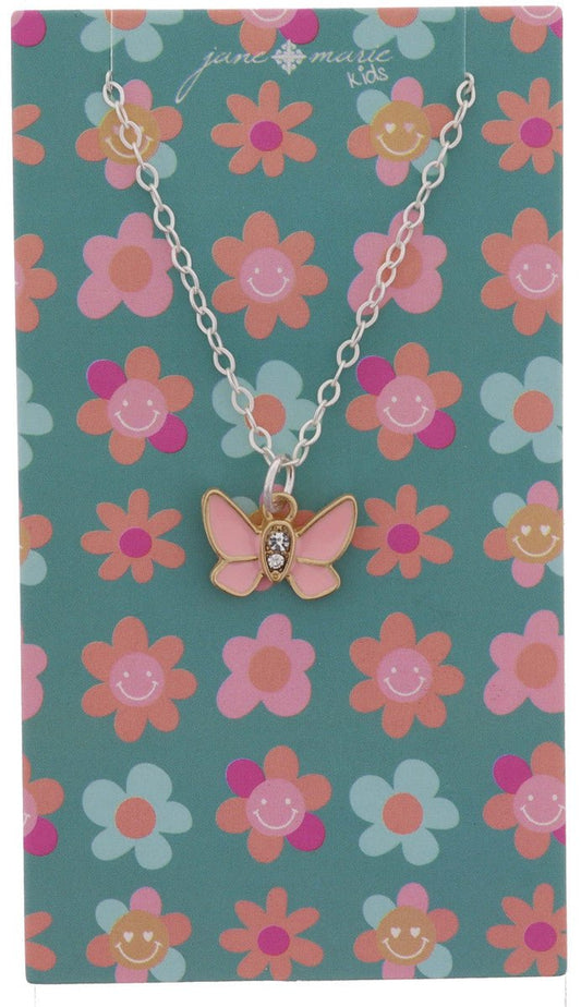 Kids Light Pink Enamel and Crystal Butterfly Necklace - Blissful Boutique