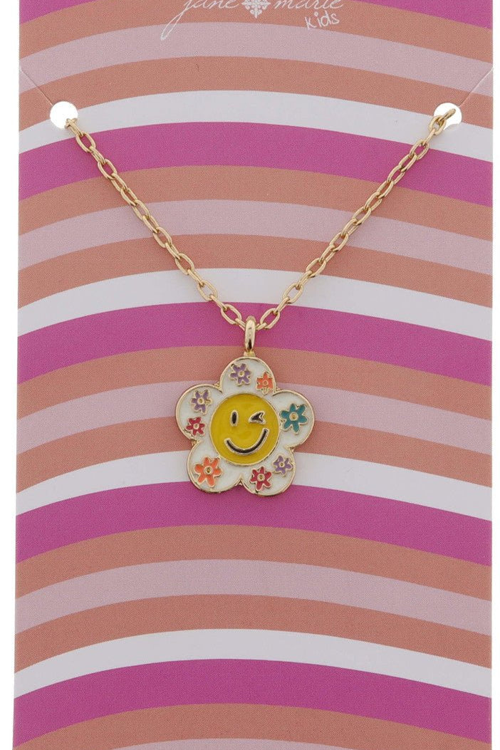 Kids Multi Enamel Winking Happy Face Flower Necklace - Blissful Boutique