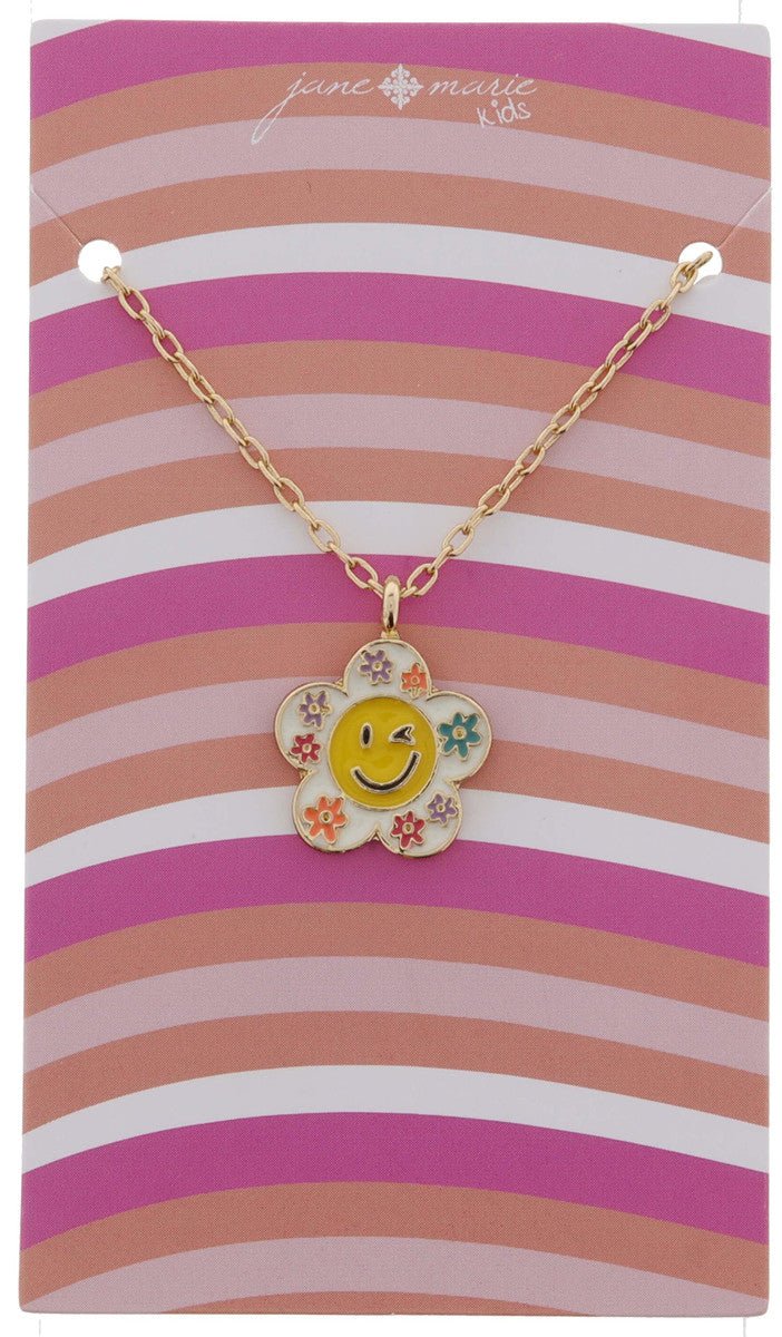 Kids Multi Enamel Winking Happy Face Flower Necklace - Blissful Boutique