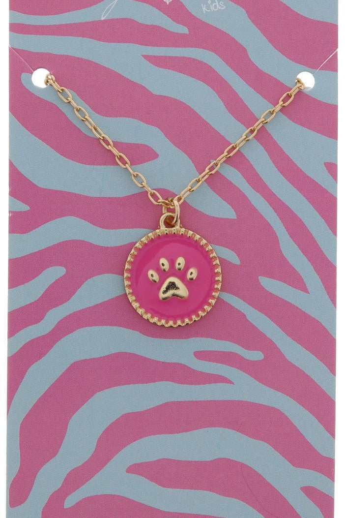 Kids Pink Enamel Disc with Center Gold Paw Print Necklace - Blissful Boutique