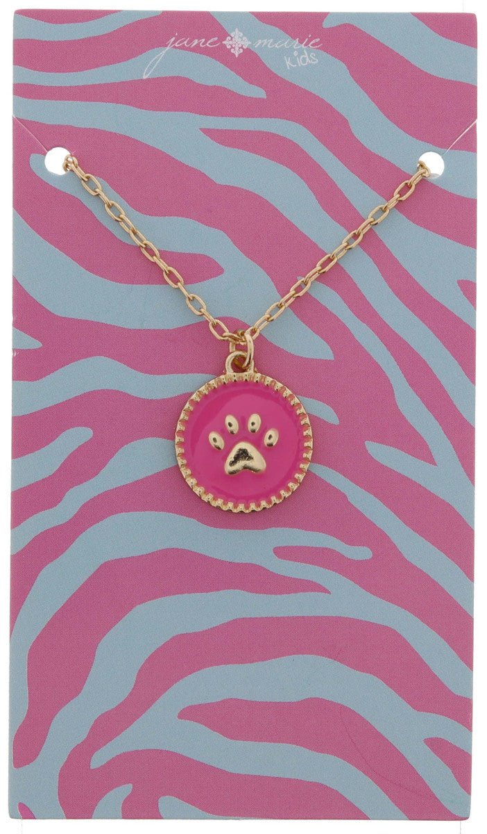 Kids Pink Enamel Disc with Center Gold Paw Print Necklace - Blissful Boutique