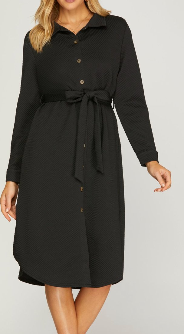 long sleeve textured button down shirt dress - Blissful Boutique