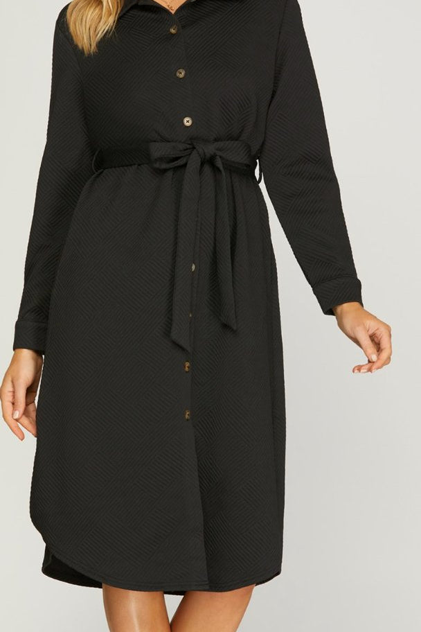 long sleeve textured button down shirt dress - Blissful Boutique