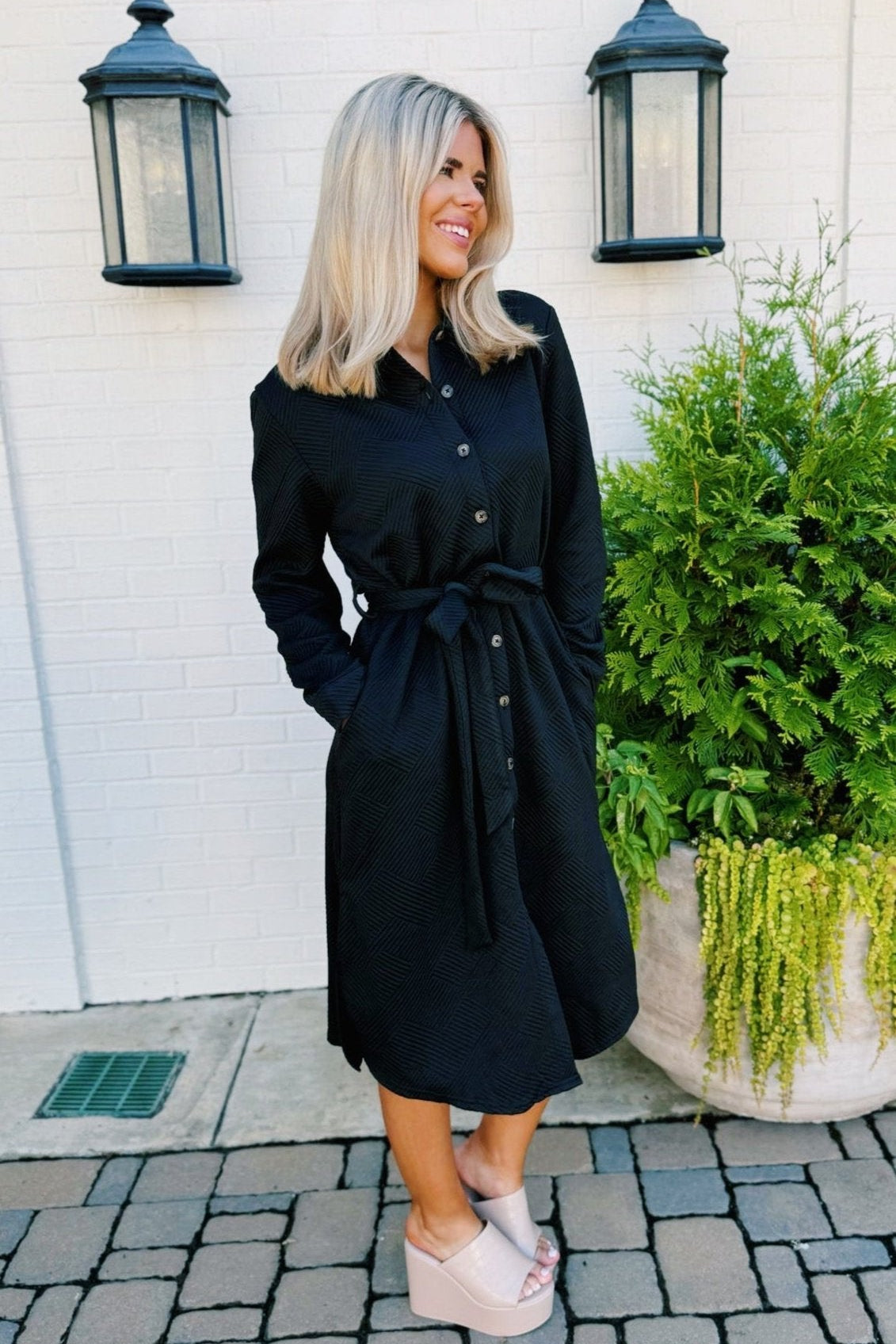 Long Sleeve Textured Button Down Shirt Dress - Blissful Boutique