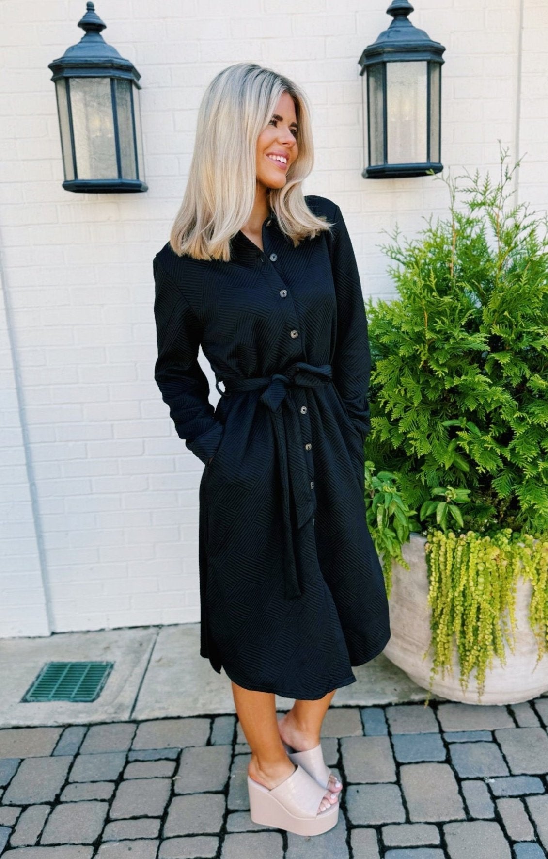 Long Sleeve Textured Button Down Shirt Dress - Blissful Boutique