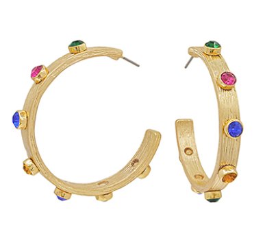 Multi - Colored Crystal Station Matte Gold Textured Hoop - Blissful Boutique